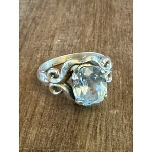 Vintage Kabana Sterling Silver Blue Topaz Scroll Ring Size 7.5 Signed KBN STER